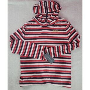 NWT Tommy Hilfiger Girls XL 16 Striped Hoodie Top Navy Red White Gold Logo